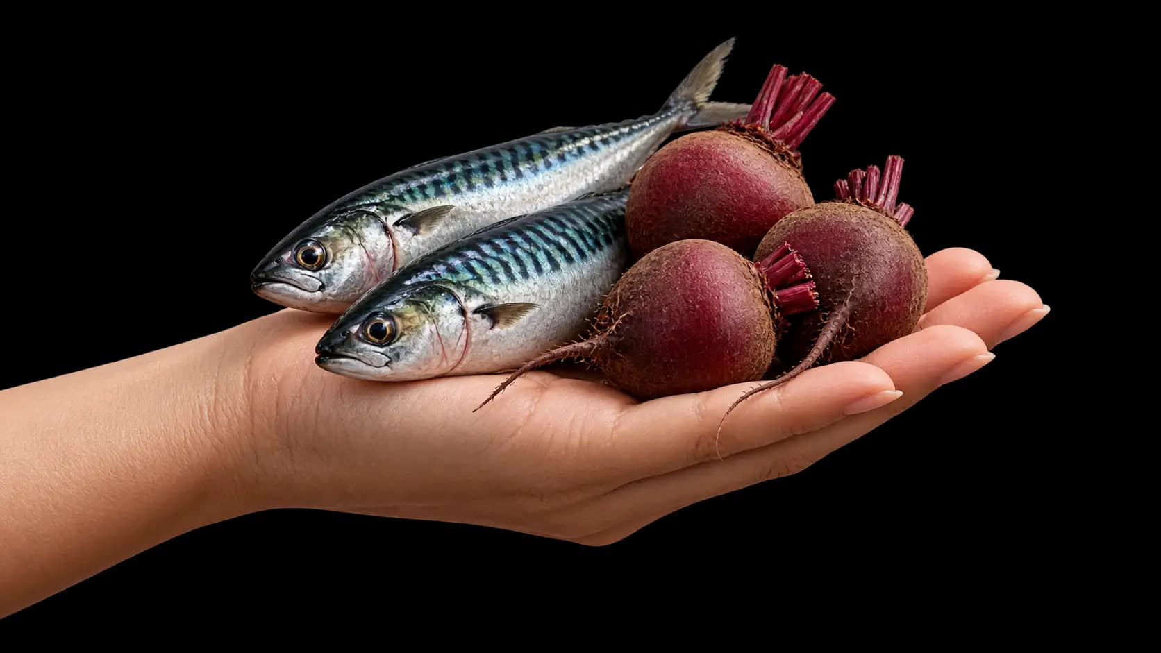 A cupped hand holding two whole mackerel and three raw beetroot